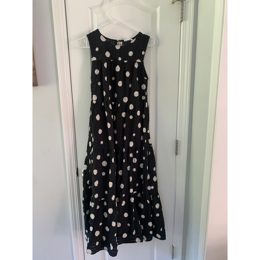 By The River Black Polka Dot Tiered Maxi Dress Sleeveless Cotton CR1065 Medium